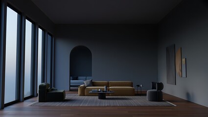 Modern Minimalist Living Room Interior Design Dark Grey Walls, Large Windows, and Muted Tones