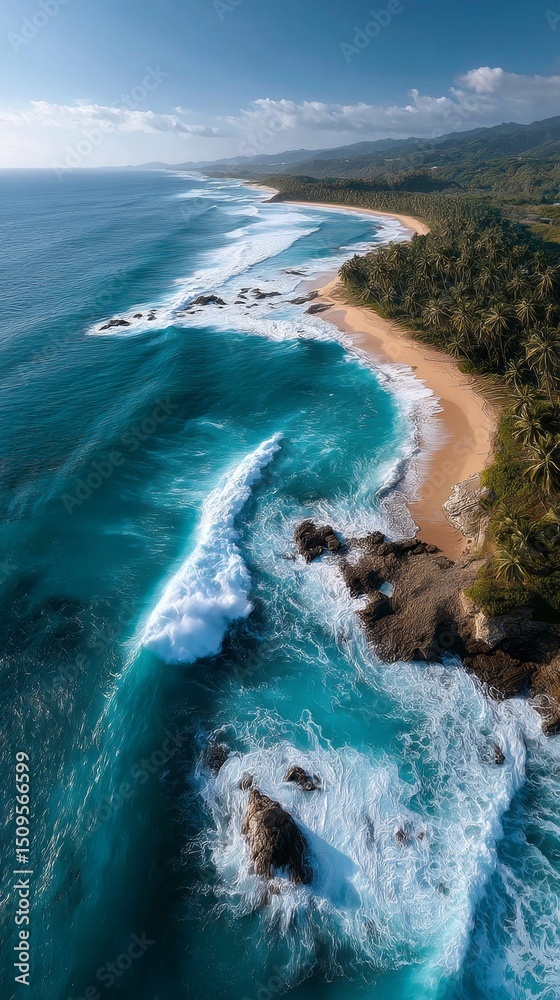 Poster waves gently crash against the rocky shore, while palm trees sway in the breeze under a vibrant sky.