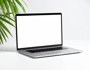 Fototapeta premium Modern Laptop with Blank Screen and Green Plant on White Background