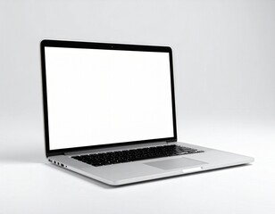 Fototapeta premium Modern laptop with blank screen on white background angled view for mockup