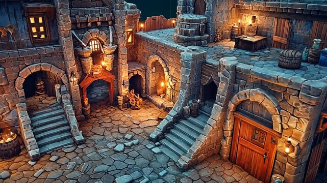 Artistic medieval stylized stone building complex scene, showcasing unique architectural details