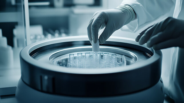 Scientist placing a test tube into a centrifuge in a laboratory setting