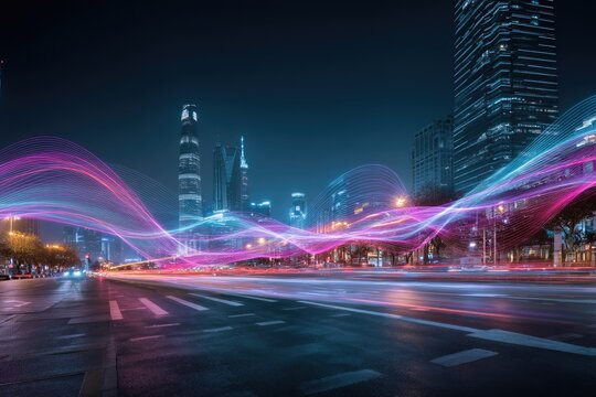 Night cityscape with vibrant, flowing light trails across a city street, showcasing modern architecture and technological advancement