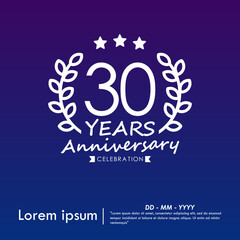 Obraz premium 30th years anniversary celebration emblem. congratulations anniversary logo isolated with laurel wreath and stars and ribbon on dark blue background. vector illustration template design