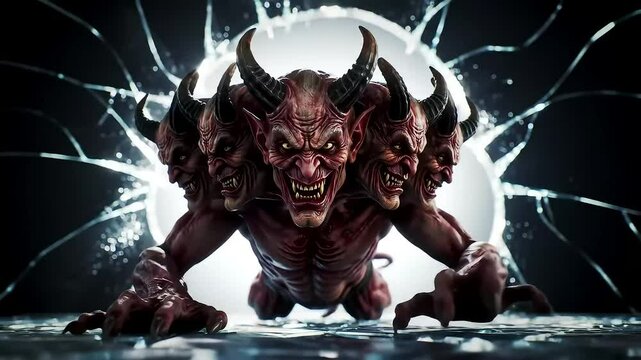 Fearsome multi-headed red demon with horns emerging from shattered glass