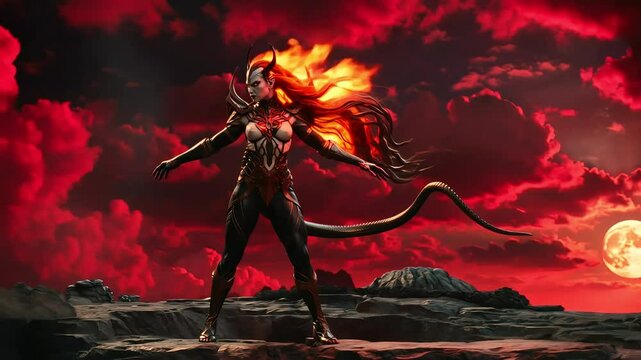 fantasy female demon warrior with flaming hair and tail standing on a rocky cliff under a red moonlit sky