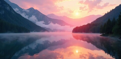 Serene sunrise over a misty mountain lake, reflecting the spiritual energy of nature Find inner peace in this tranquil landscape, a perfect escape from the everyday , peace, inspiration, lake