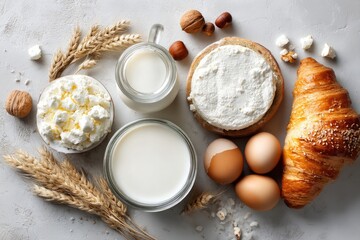 Overhead shot of dairy products, baked goods, and nuts artfully arranged on a textured surface