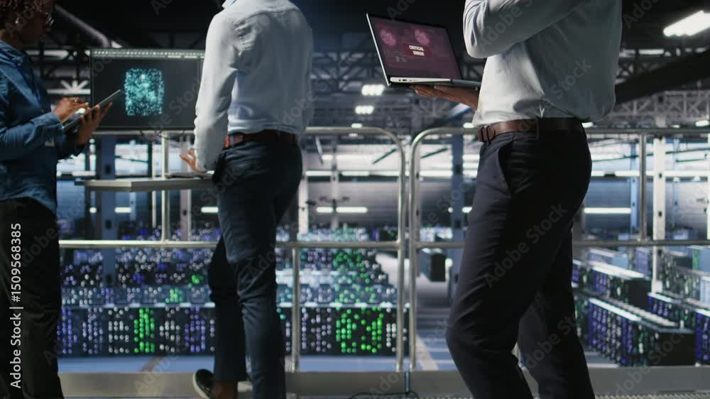 Poster data center developer frustrated by critical error affecting laptop. irate server farm worker reacti