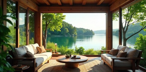 Fototapeta premium Rustic lakeside summer home with expansive windows offering breathtaking views of tranquil water and lush greenery Perfect for a relaxing getaway , quiet, property