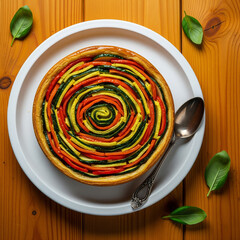 Beautifully arranged spiral vegetable tart made of zucchini, carrots, and squash, garnished with basil leaves on a wooden table.

