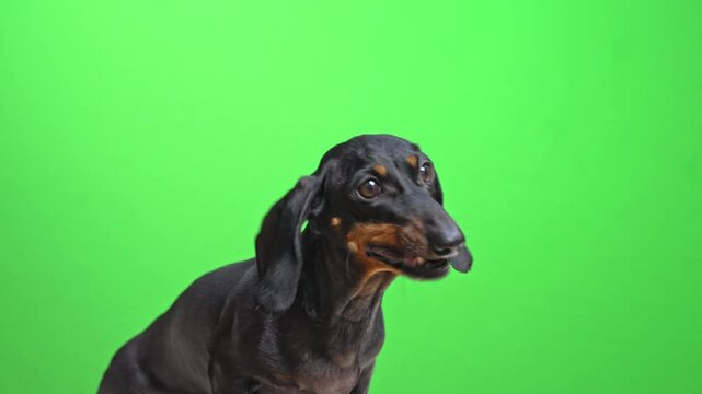 dachshund sits upright and faces the camera with a calm expression against a vivid green background with it tongue slightly visible. puppy cutely chews treat, shaking his head in different directions
