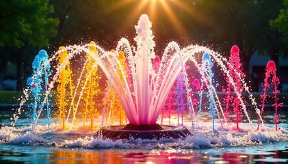 Fototapeta premium Joyful splashes of vibrant color burst from a singing fountain, creating a mesmerizing display of water and light Perfect for concepts of fun, energy, and summer , visual, liquid, pattern
