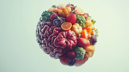 A brain sculpted from an assortment of colorful fruits and vegetables, symbolizing healthy eating and cognitive function.