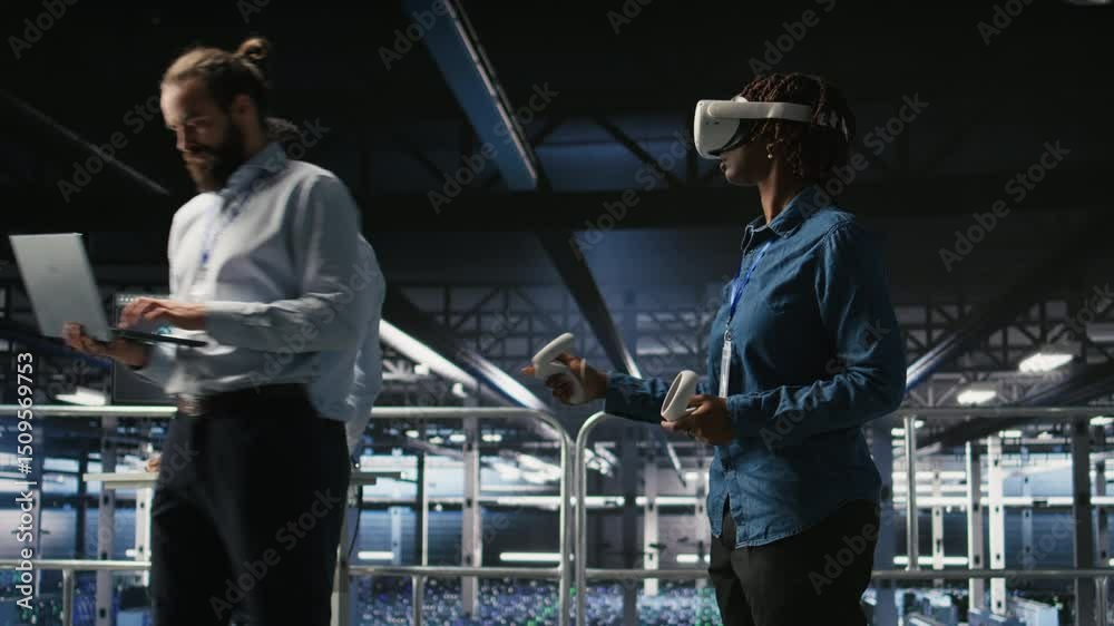 Poster engineer on data center industrial platform analyzing performance outputs using virtual reality tech
