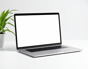 Fototapeta premium Sleek silver laptop with blank screen and green plant on white desk