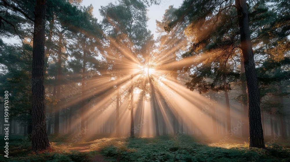 Poster sunlight spills through the branches of towering trees, illuminating the misty forest floor at dawn.