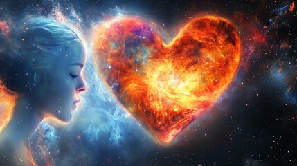 A serene profile of a woman gazes at a cosmic heart-shaped nebula in a starry universe