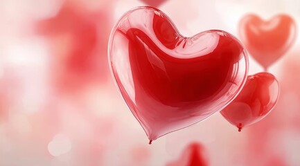 Shiny Red Heart-Shaped Balloons Floating Against a Soft Pink Background