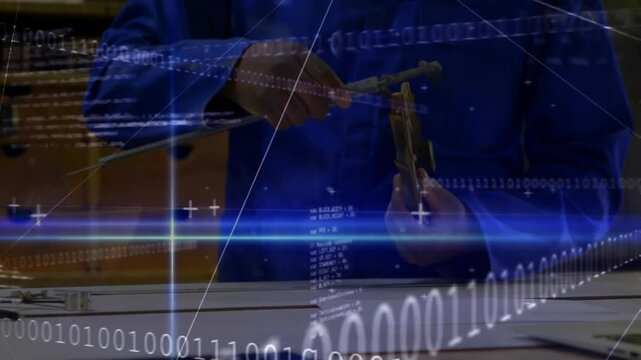 After HUD overlay fading, engineer grabbing prototype, adjusting gear under grid, calibrating part