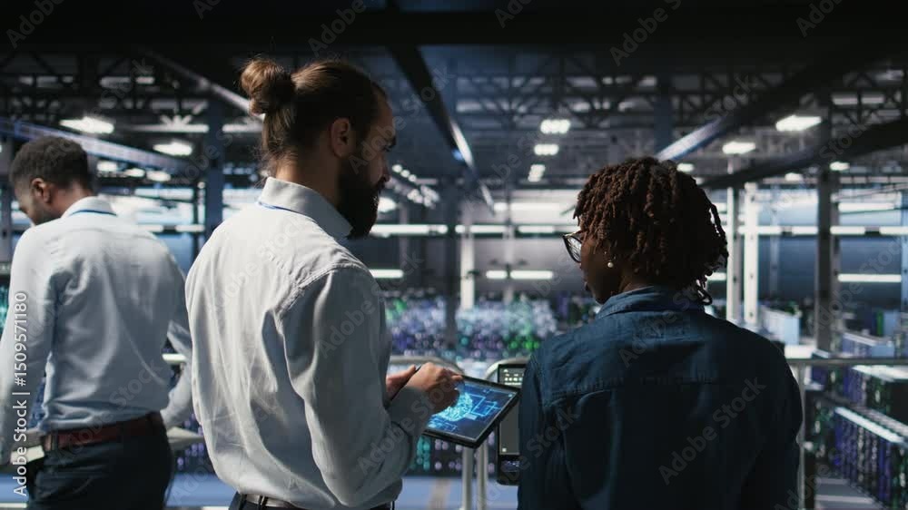 Poster data center system administrators performing maintenance on supercomputers used for ai. engineering 