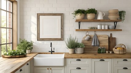 "Wide kitchen wall with empty frame above countertop, breadboard, ceramic pots with herbs, and farmhouse sink with natural light"
