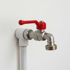 Metal faucet with red handle isolated on white background, for plumbing and household use