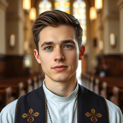 Fototapeta premium Portrait of a young handsome Christian priest in a church looking at camera, front view. Faith and religion
