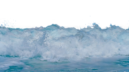 Ocean wave splash with white sea foam and turquoise water, isolated on transparent background, perfect for summer beach themes, water textures, and marine visuals
