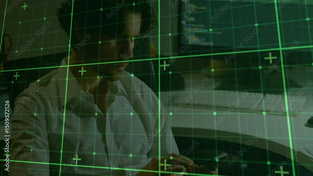 Poster software engineer tapping smartphone screen then glancing at monitor before typing backend code