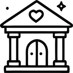 Line drawing of a building with a heart above the door, perfect for Valentines Day cards, romantic designs, and wedding invitations