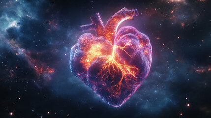Cosmic Heart: A Glowing Anatomical Heart Set Against a Starry Space Background