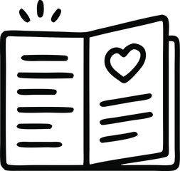 Black and white drawing of an open book with a heart; perfect for book lovers, literary events, romantic themes, and Valentines Day