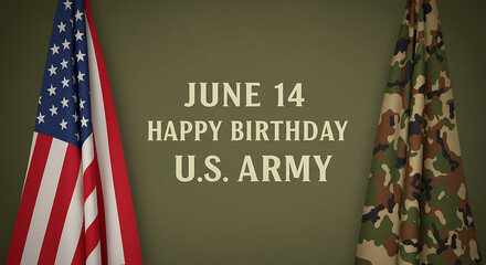 U.S. Army Birthday June 14 Celebration Graphic with American Flag and Camouflage Fabric Background