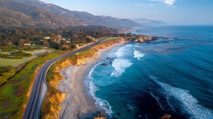 Fototapeta premium Aerial drone view of Big Sur coastal road in California at sunset with winding highway, ocean waves, rolling hills, sandy beaches, mountains and greenery under clear sky and soft warm light