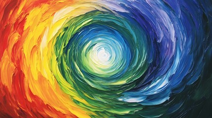 Abstract Rainbow Swirl Painting, Vibrant Colors, Spiral Vortex, Artistic Canvas Texture