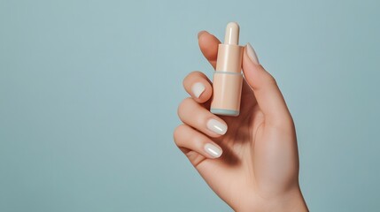 Woman's Hand Holding Small Dropper Bottle of Serum, Pastel Colors, Beauty Product
