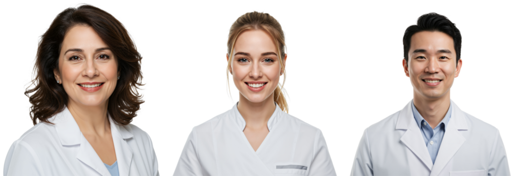 Diverse Group of Medical Professionals in Lab Coats: Female and Male Healthcare Providers