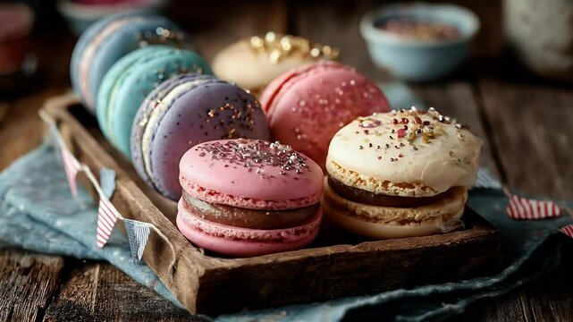 Colorful macarons on rustic wooden tray delicious pastry photography