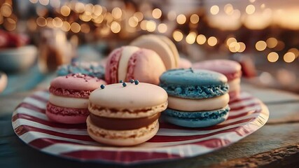 Colorful macarons on striped plate sweet treats and festive delights