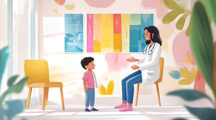 Pediatrician Consulting a Young Patient in a Bright, Colorful Clinic