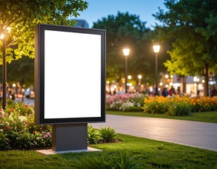 Blank Billboard in a Park at Dusk with Flowers and Streetlights