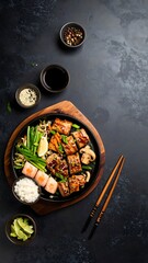 A plateful of flavorful teppanyaki grilled chops served with fresh ingredients and garnishes