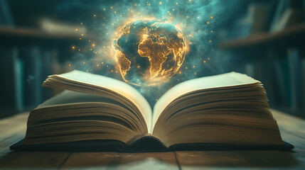 An open book with a glowing, magical Earth emerging from its pages in a library setting