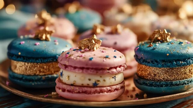 Colorful macarons with gold and sprinkles sweet pastry dessert food photography