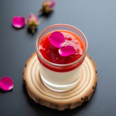 Elegant panna cotta topped with vibrant strawberry sauce and delicate rose petals, served on rustic wood slice against dark backdrop.
