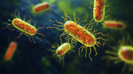 Fototapeta premium Microscopic View of Bacteria with Flagella in Motion