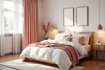 Serene bedroom decorated in calming pastels, featuring soft textures and plush comfort items Perfect for relaxation and self-care Ideal for promoting wellbeing and tranquility , sheets, clean