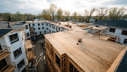 Fototapeta premium Aerial view showcasing construction site featuring multi-story building in progress
