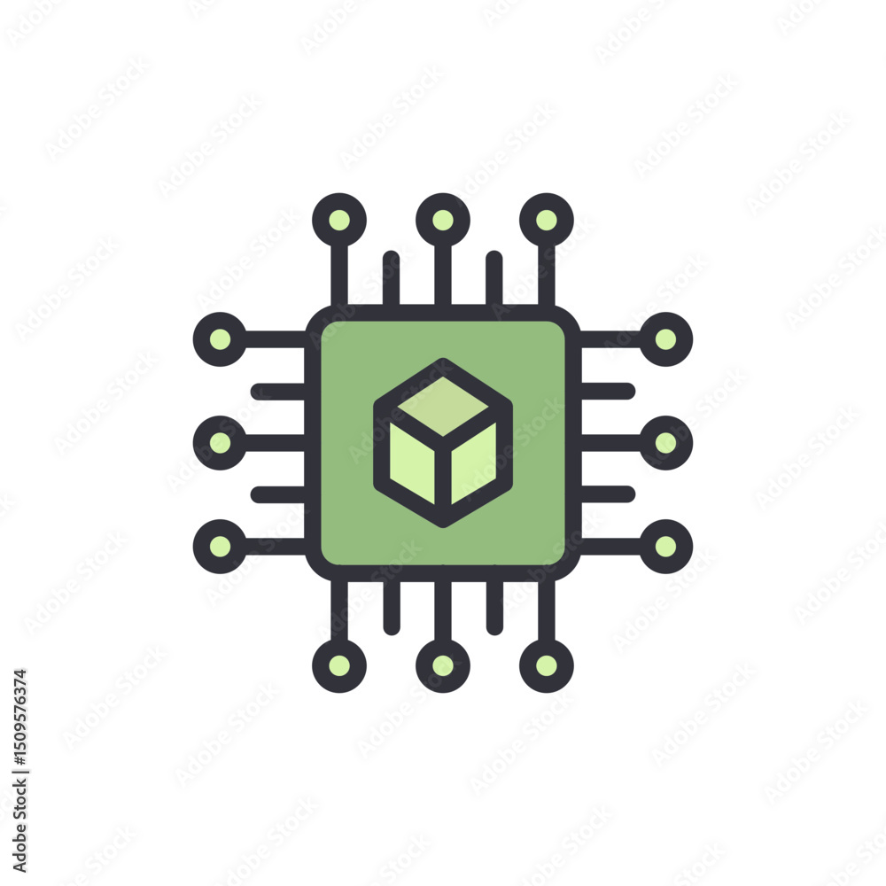 Poster conceptual microchip with cube symbolizing data processing technology